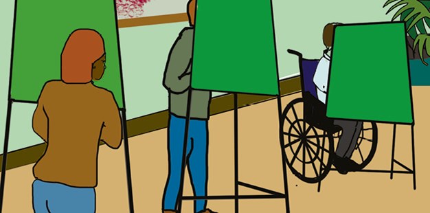Tecknad bild som föreställer tre personer som röstar i en vallokal.