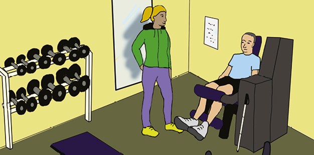 Illustrerad bild där en synskadad tränar på gymmet i sällskap av en personlig tränare.