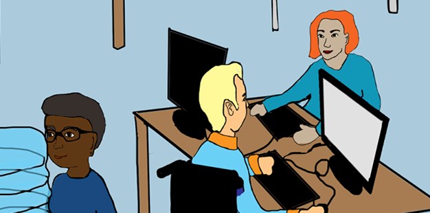 Illustrerad bild där två personer sitter vid ett bord i kontorsmiljö och arbetar vid datorer.