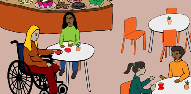 Tecknad bild med en kvinna i rullstol som fikar tillsammans med en vän på ett café.