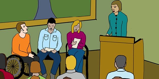 Tecknad bild som föreställer människor som deltar i ett möte.
